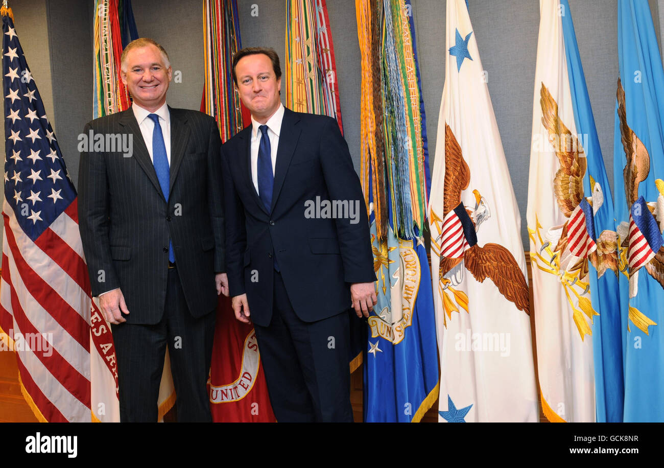 William L. Lynn US Deputy Defence Secretary greets Prime Minister David Cameron as he arrives for talks with US defence chiefs in 'The Tank', a secure briefing room at the Pentagon in Washington D.C. today, during his visit to the United States capital. Stock Photo