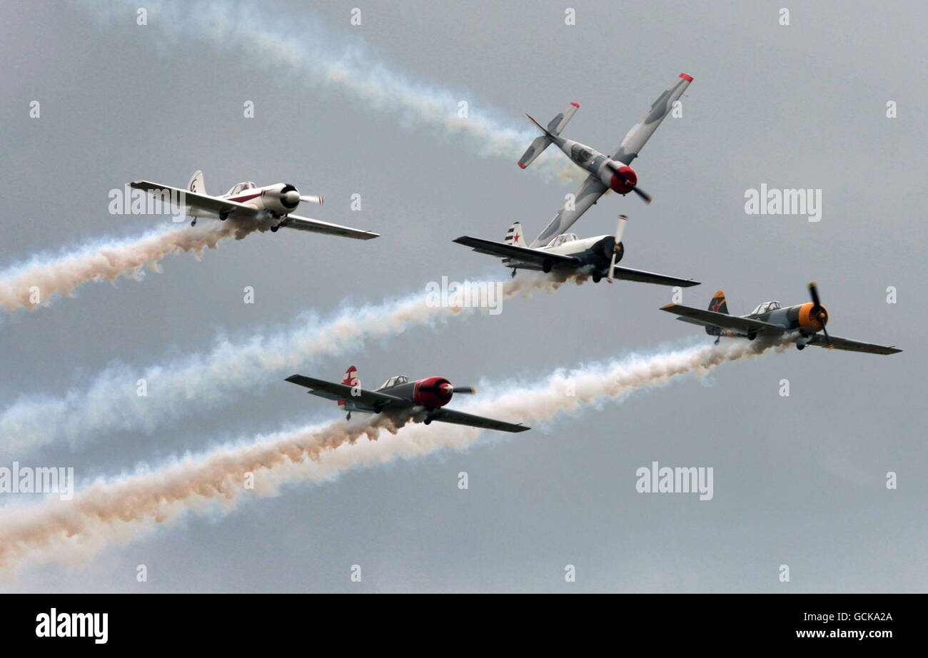 The Aerostars using Eastern bloc aircraft perform at the National Museum of Flight Scotland airshow at the East Fortune airfield near Edinburgh. Stock Photo