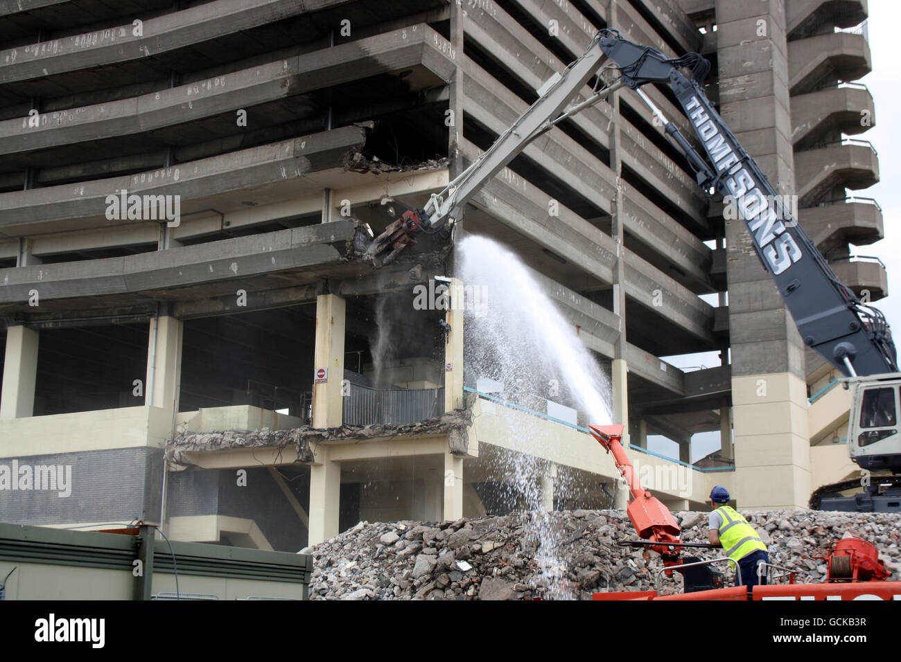 Workers begin to demolish, cinema's most famous multi-storey car park, the Trinity Square car park in Gateshead, made famous by the cult gangster film, Get Carter staring Michael Caine. Stock Photo