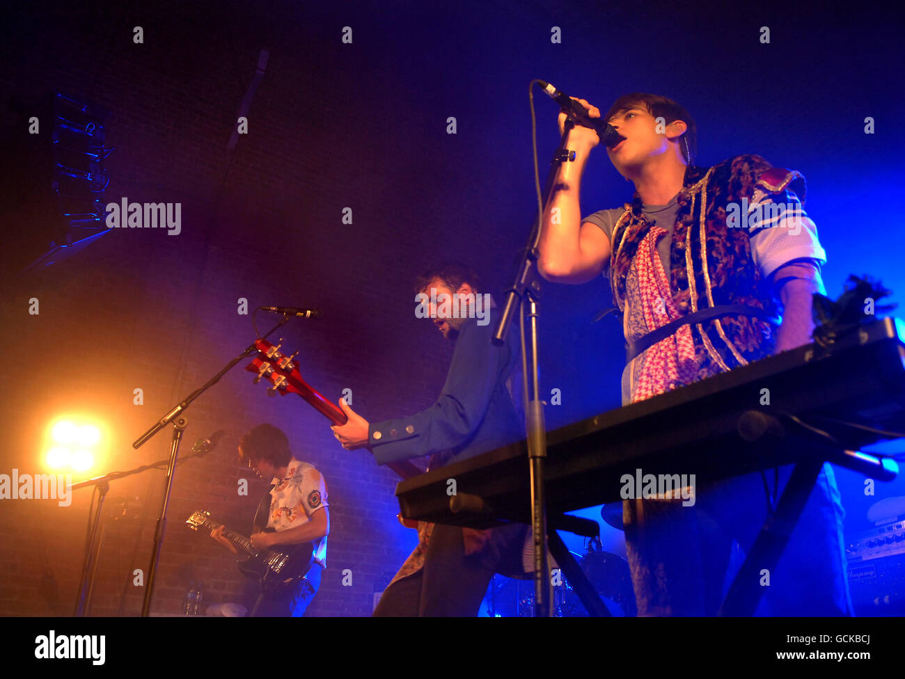 (From left to right) Anthony Rossomando, Jamie Reynolds and James Righton of the Klaxons perform on stage at the Village Underground in east London. Stock Photo