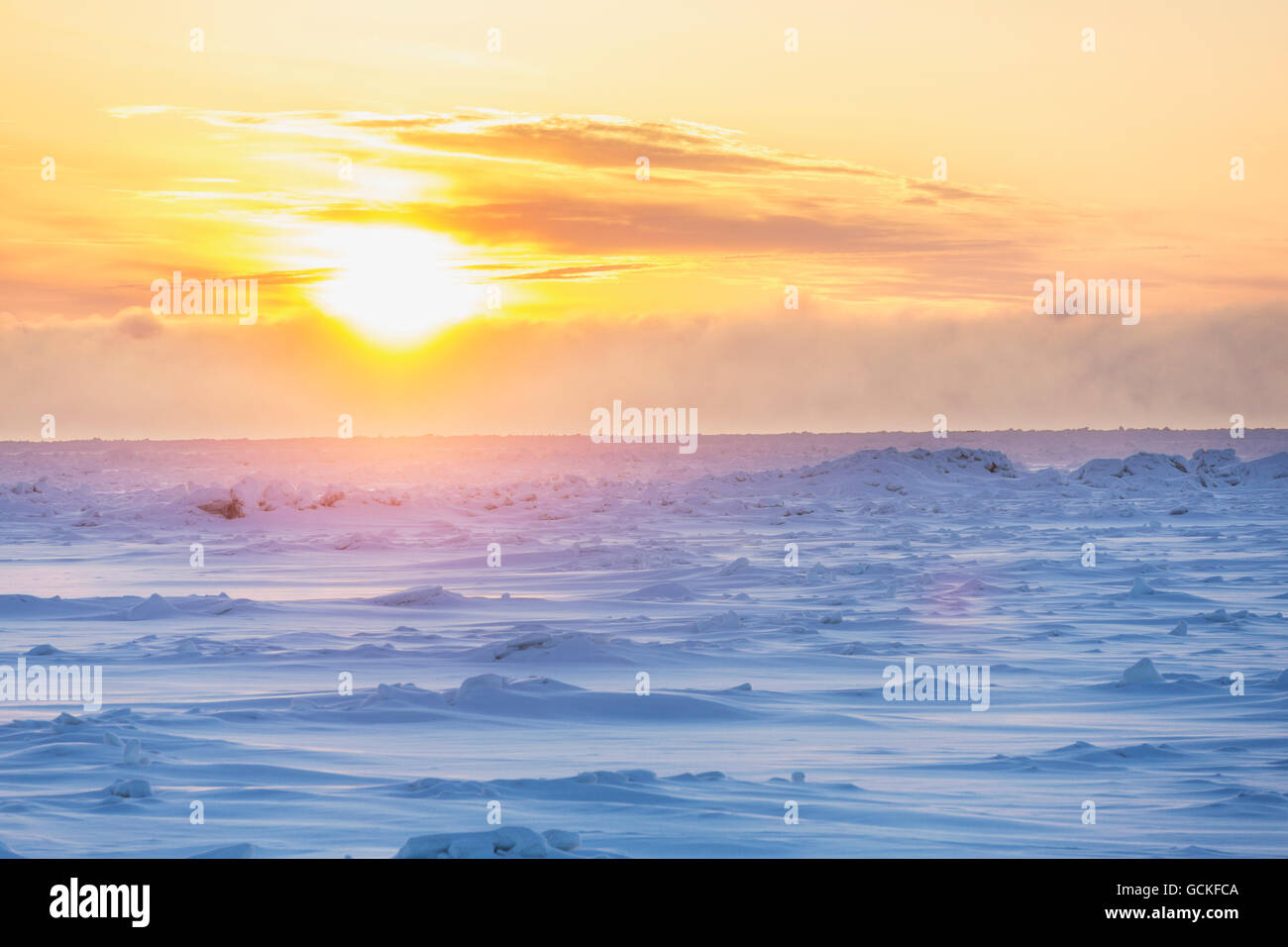 Snow drifts on sea ice on the Arctic Ocean at sunset, North Slope, Barrow, Arctic Alaska, Winter Stock Photo