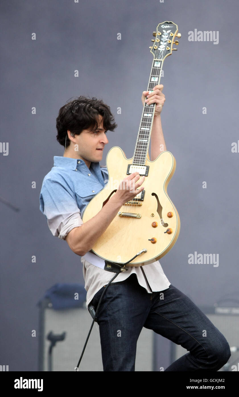 Ezra Koenig of the Vampire Weekend performing on day two of the Oxegen music festival at Punchestown Race Course in Co Kildare, Ireland. Picture date: Saturday July 10, 2010. Photo credit should read: Niall Carson/PA Wire Stock Photo