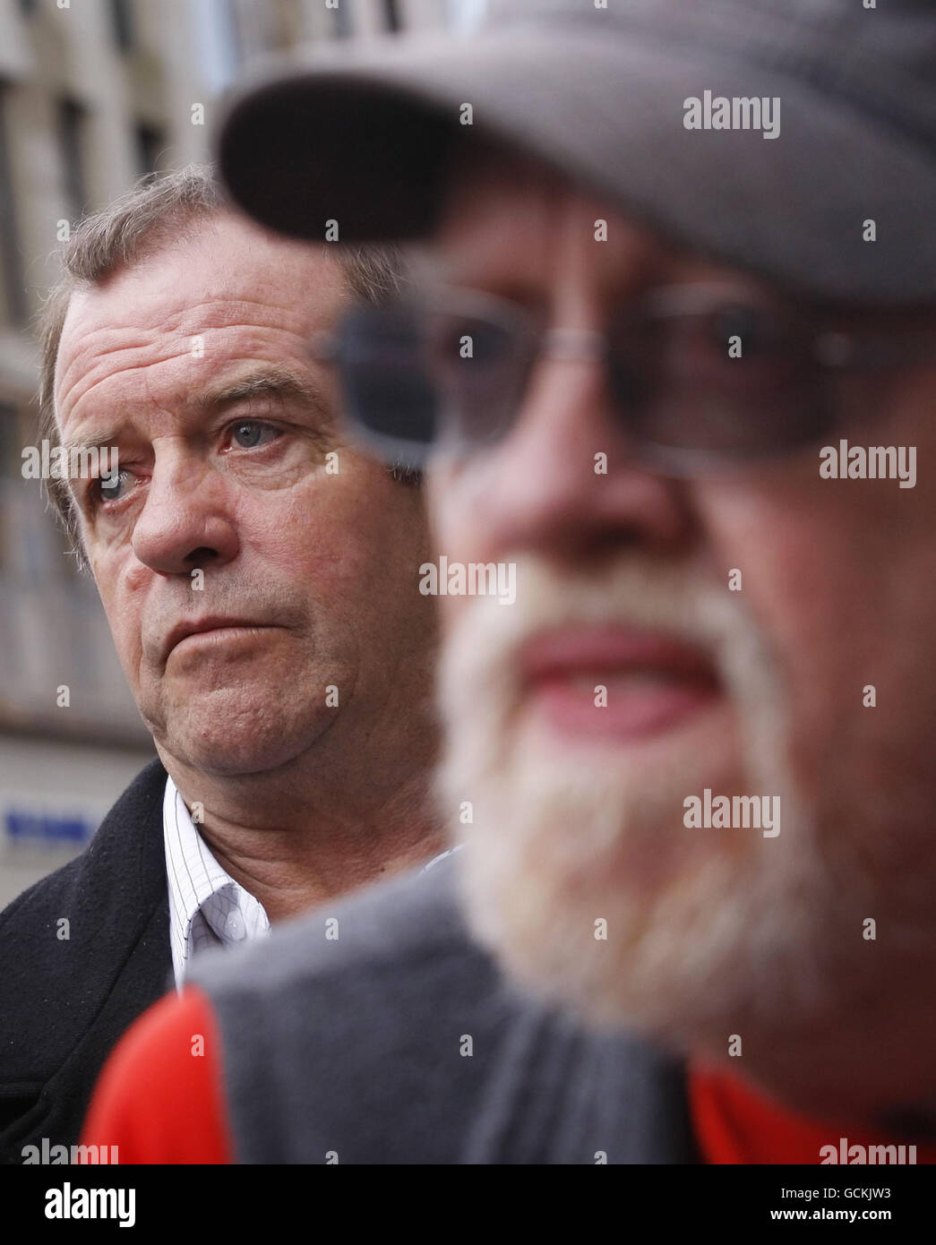 Michael Hamilton (left), father of murder victim Vicky Hamilton, and Ian McNicol (right), father of murder victim Dinah McNicol, outside The High Court in Edinburgh where serial killer Peter Tobin failed to appear before the Court of Appeal to challenge his 30-year term for the killing of Vicky Hamilton. Stock Photo