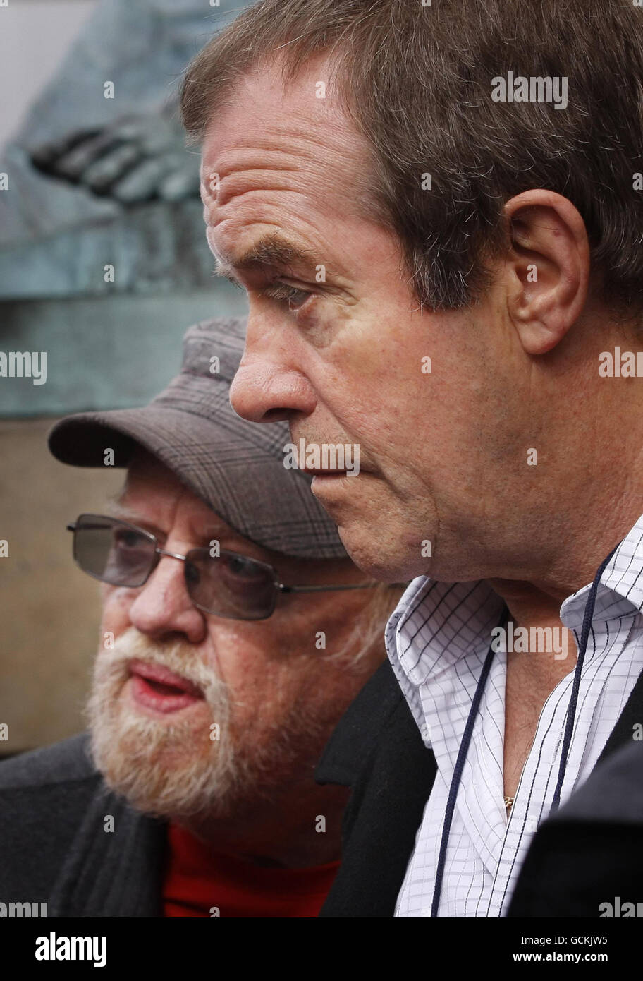 Michael Hamilton (right), father of murder victim Vicky Hamilton, and Ian McNicol, father of murder victim Dinah McNicol, outside The High Court in Edinburgh where serial killer Peter Tobin failed to appear before the Court of Appeal to challenge his 30-year term for the killing of Vicky Hamilton. Stock Photo