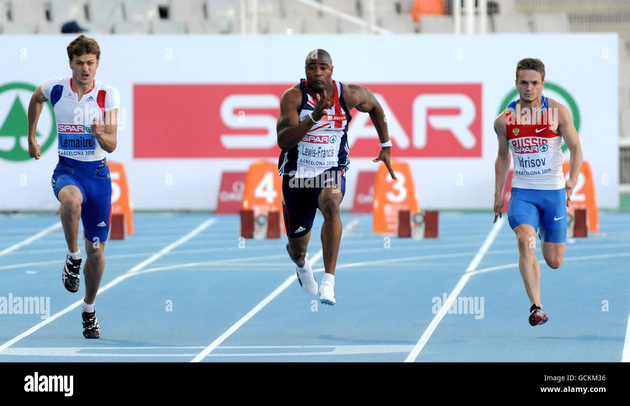 (left to right) France's Christophe Lemaitre, Great Britain's Mark Lewis-Francis and Russia's Mikhail Idrisov during the men's 100m heats Stock Photo