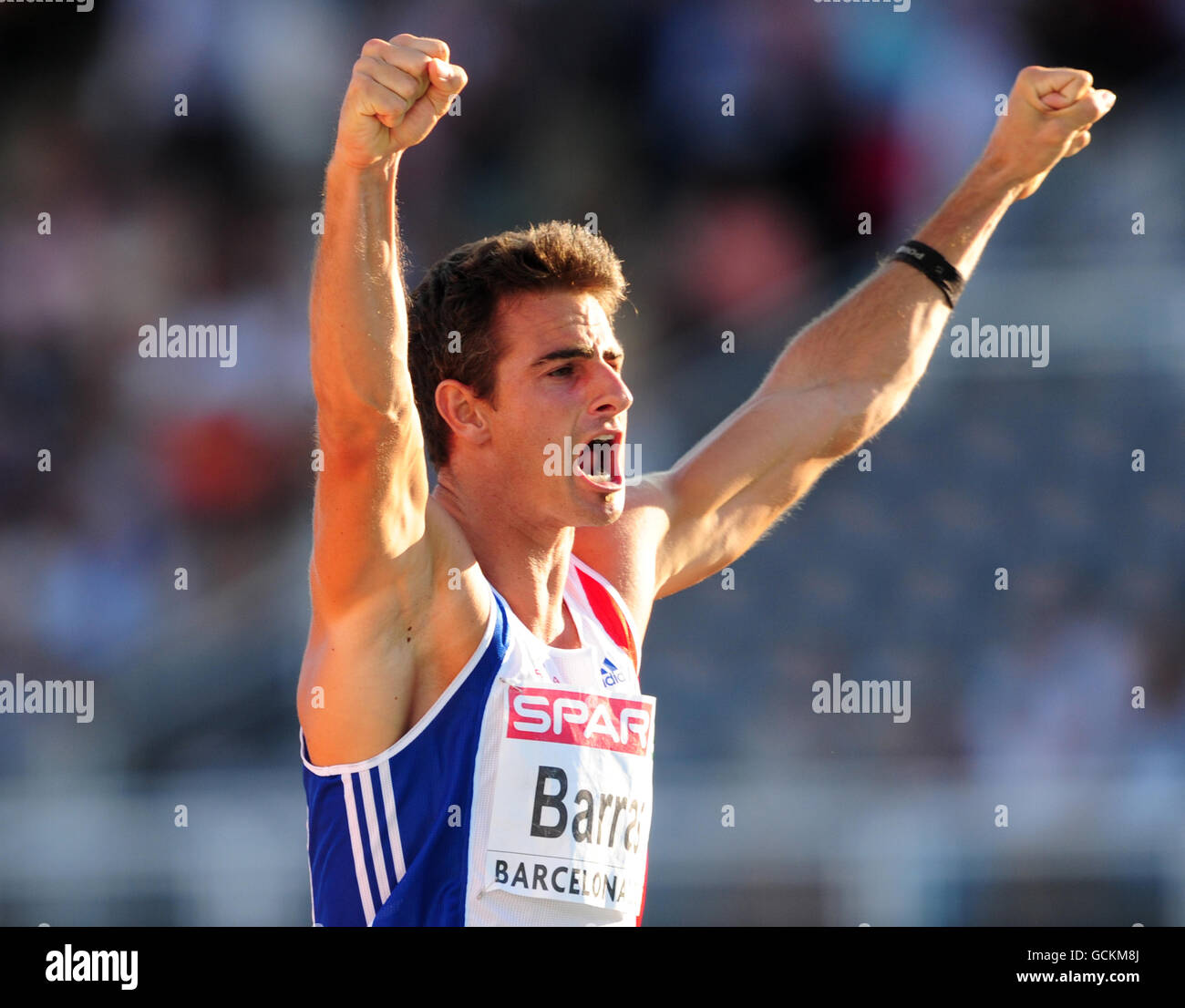 France's Romain Barras celebrates during the decathlon high jump event