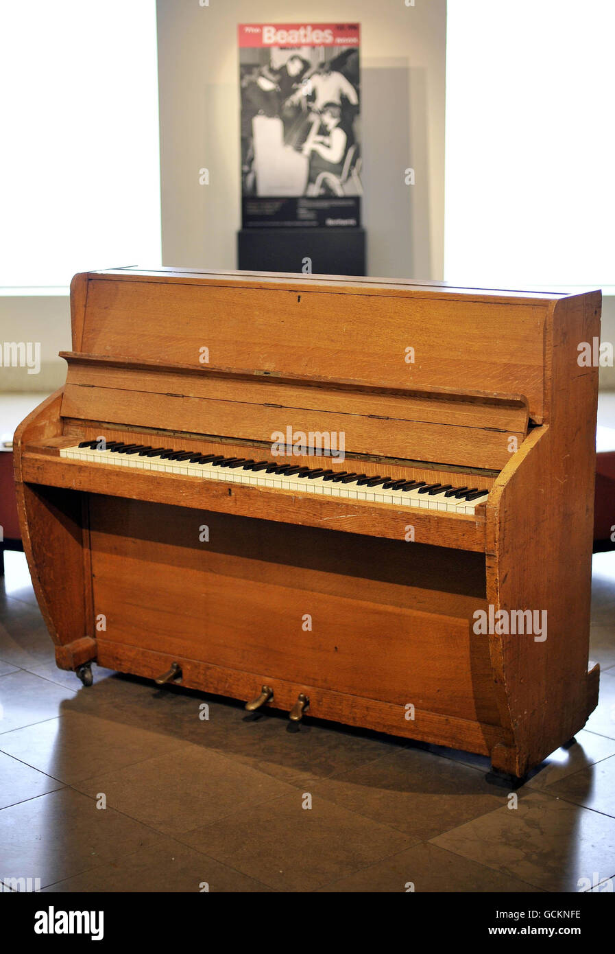 The Challen upright piano from Abbey Road Studios, played by the Beatles and Pink Floyd, at the auction house in London, which is expected to fetch 100,000 to 150,000 when it goes under the hammer on August 15. Stock Photo