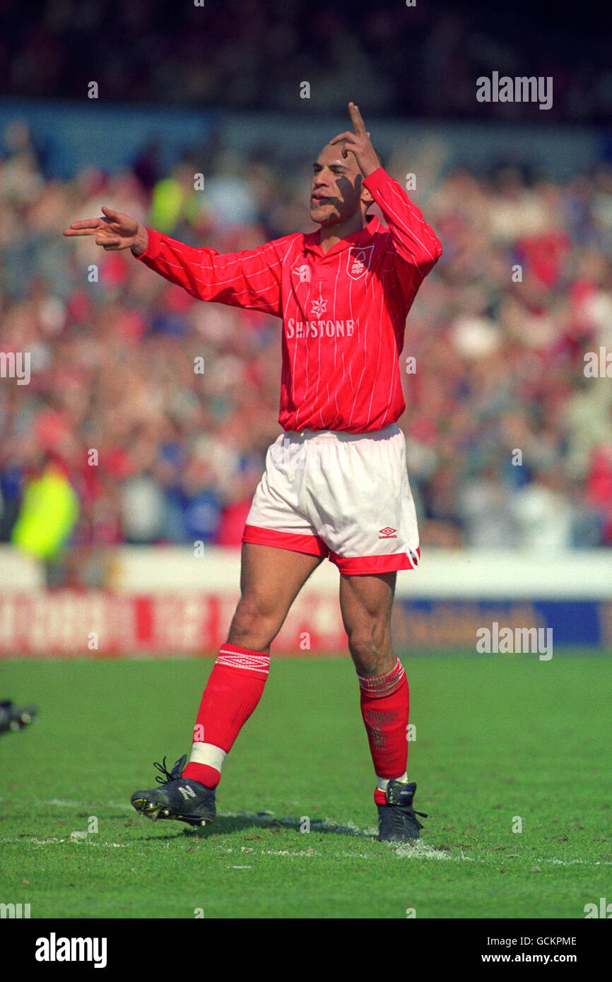 Nottingham Forest striker Stan Collymore celebrates his goal against Sunderland. Stock Photo