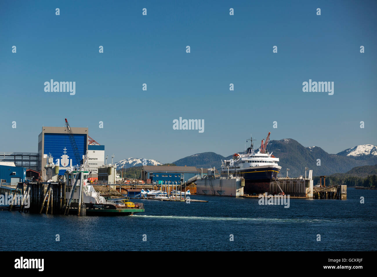 The Taku passenger ferry docked in the Ketchikan shipyard for repairs, Southeast Alaska, USA, spring Stock Photo