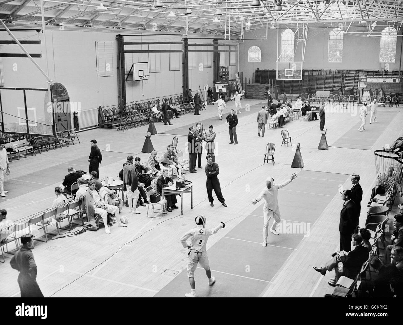 A general view of the Fencing section of the Inter-Services Pentathlon Championship, in the Fox Gymnasium of the army school of physical training, Aldershot. Stock Photo