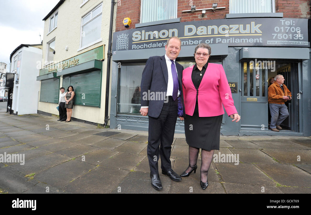 Gillian Duffy (right) opens the new office of Labour MP Simon Danczuk (left) in Rochdale. Stock Photo