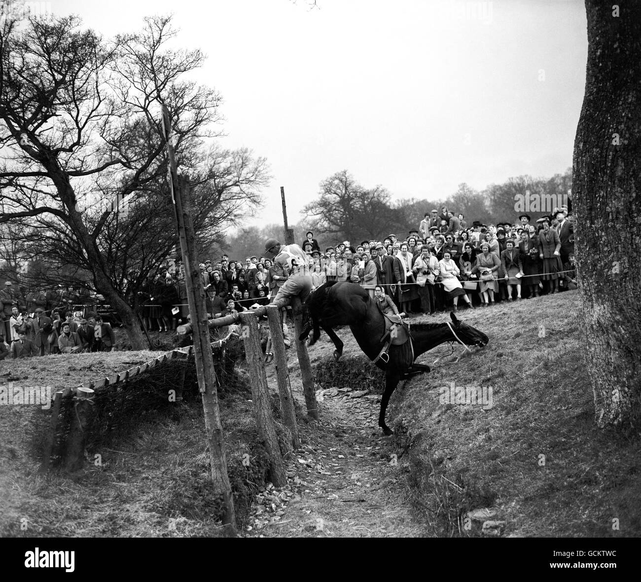 Capt. C.Morgan clings to the post of jump 27 as his horse 'Steel Fortune' falls into the ditch. Stock Photo