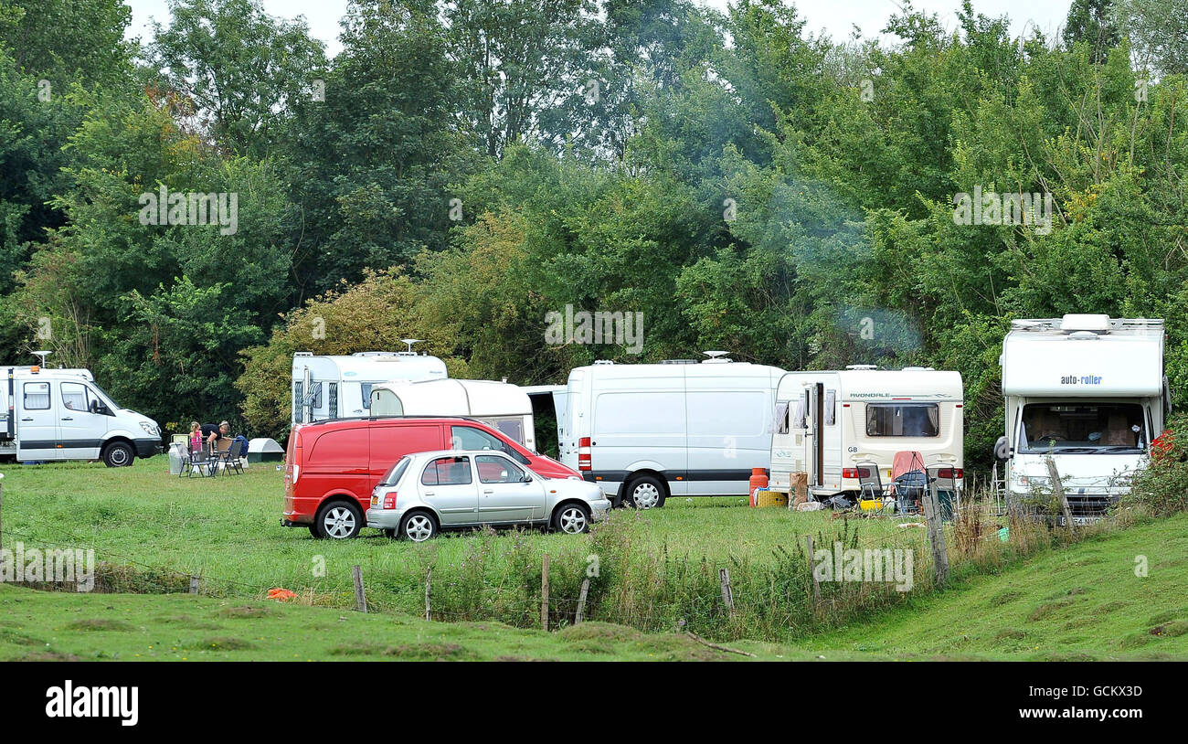 A general view of a travellers camp in a field at Swavesey, Cambridgeshire, during a religious festival held by the Light & Life Christian Fellowship, an evangelical group working within the gypsy community. Stock Photo