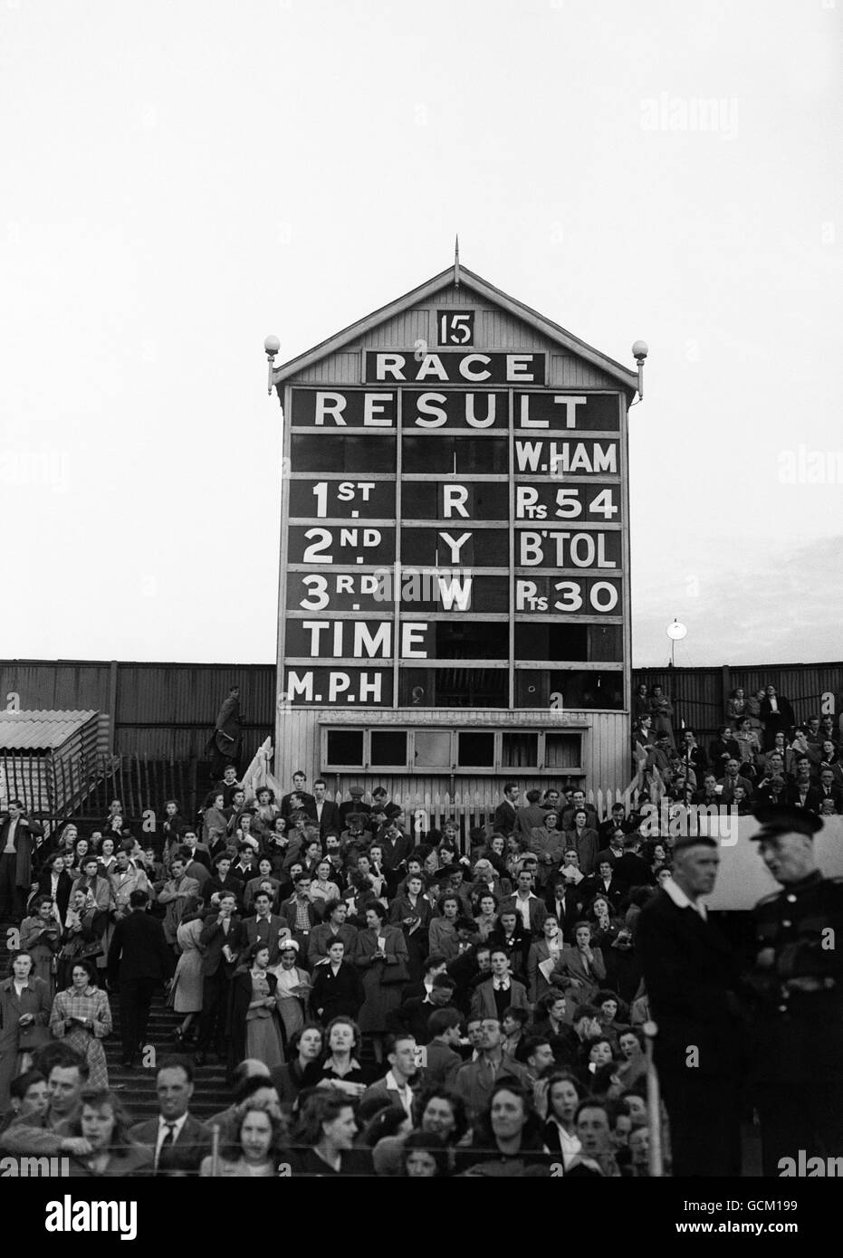 Speedway - West Ham v Bristol - West Ham Stadium. The score board at West Ham stadium Stock Photo