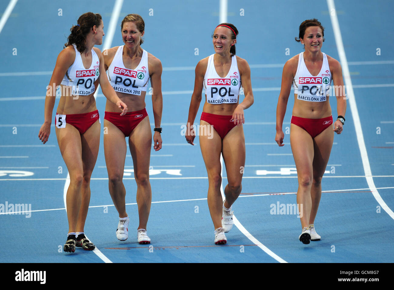 Athletics - IAAF European Championships 2010 - Day Six - Olympic Stadium. Poland's Marika Popowicz, Daria Korczynska, Marta Jeschke and Weronika Wedler after winning bronze in the women's 100m relay Stock Photo