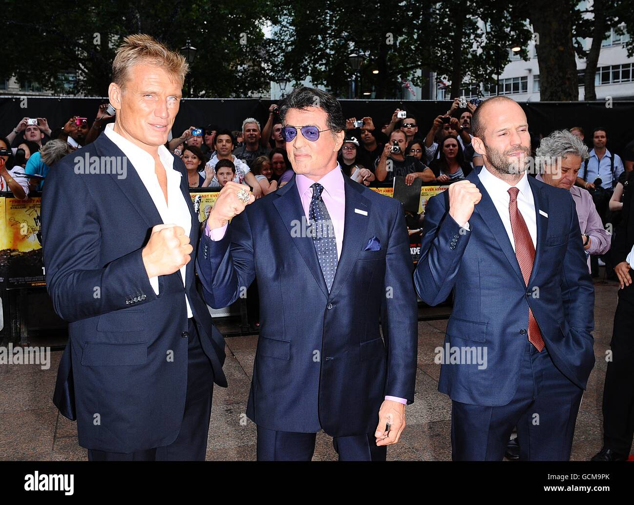 Dolph Lundgren, Sylvester Stallone and Jason Statham (left to right) arriving for the UK premiere of The Expendables at the Odeon, Leicester Square, London. Stock Photo