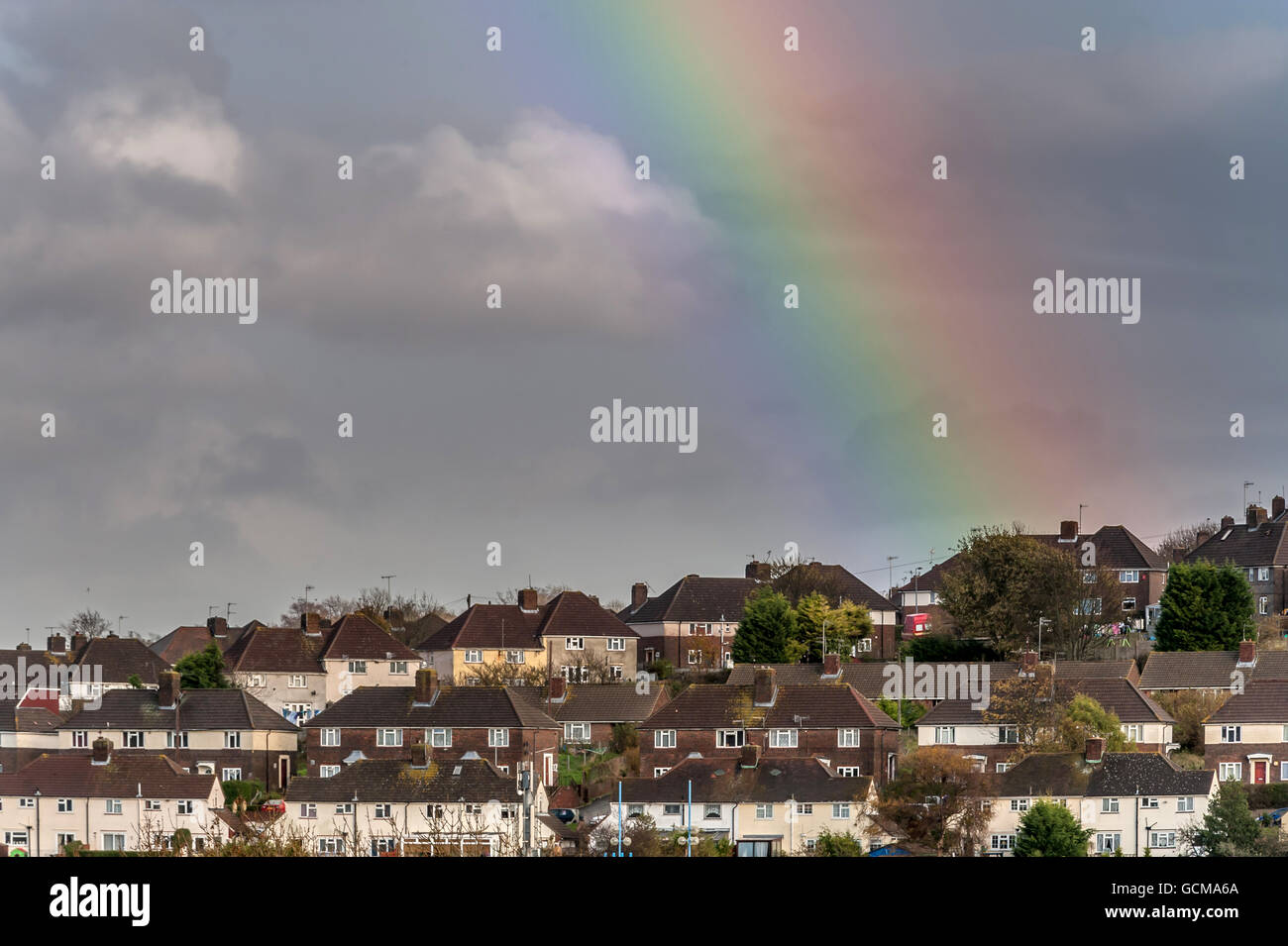 Rainbow over the Moulscoomb estate in Brighton Stock Photo
