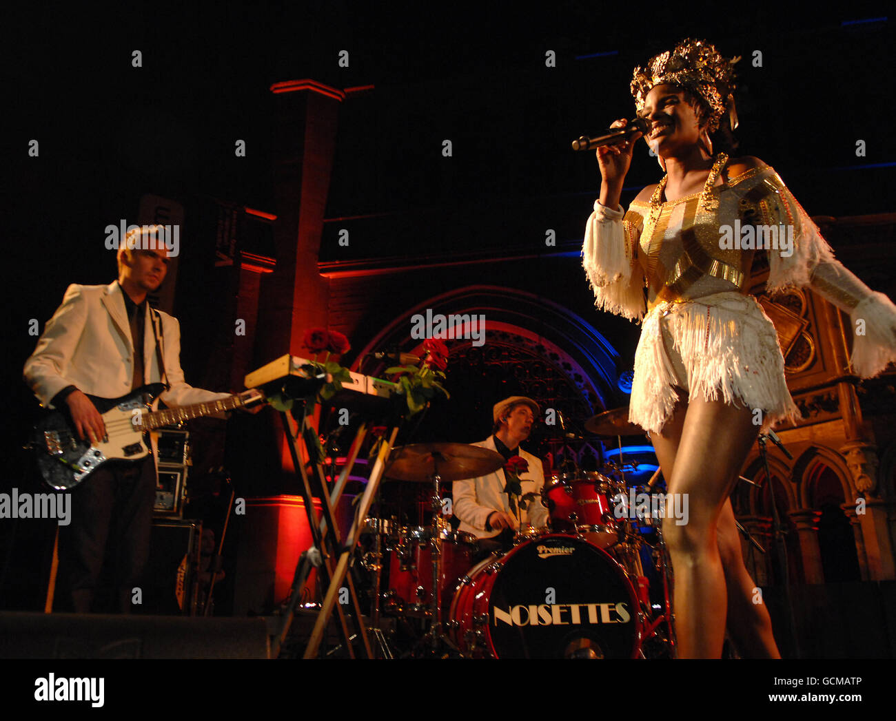 Shingai Shoniwa of the Noisettes performing on stage at the Union Chapel in north London. The concert is a warm up show before the band travels to Milawi to take part in the Lake of Stars Festival in October. Stock Photo