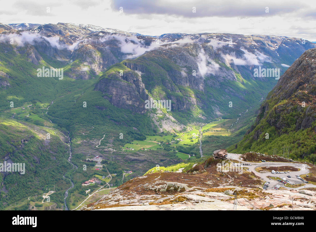 Panorama view of mountains on the way to the famous boulder Kjeragbolten above the Lysefjorden on the mountain Kjerag in Forsand Stock Photo