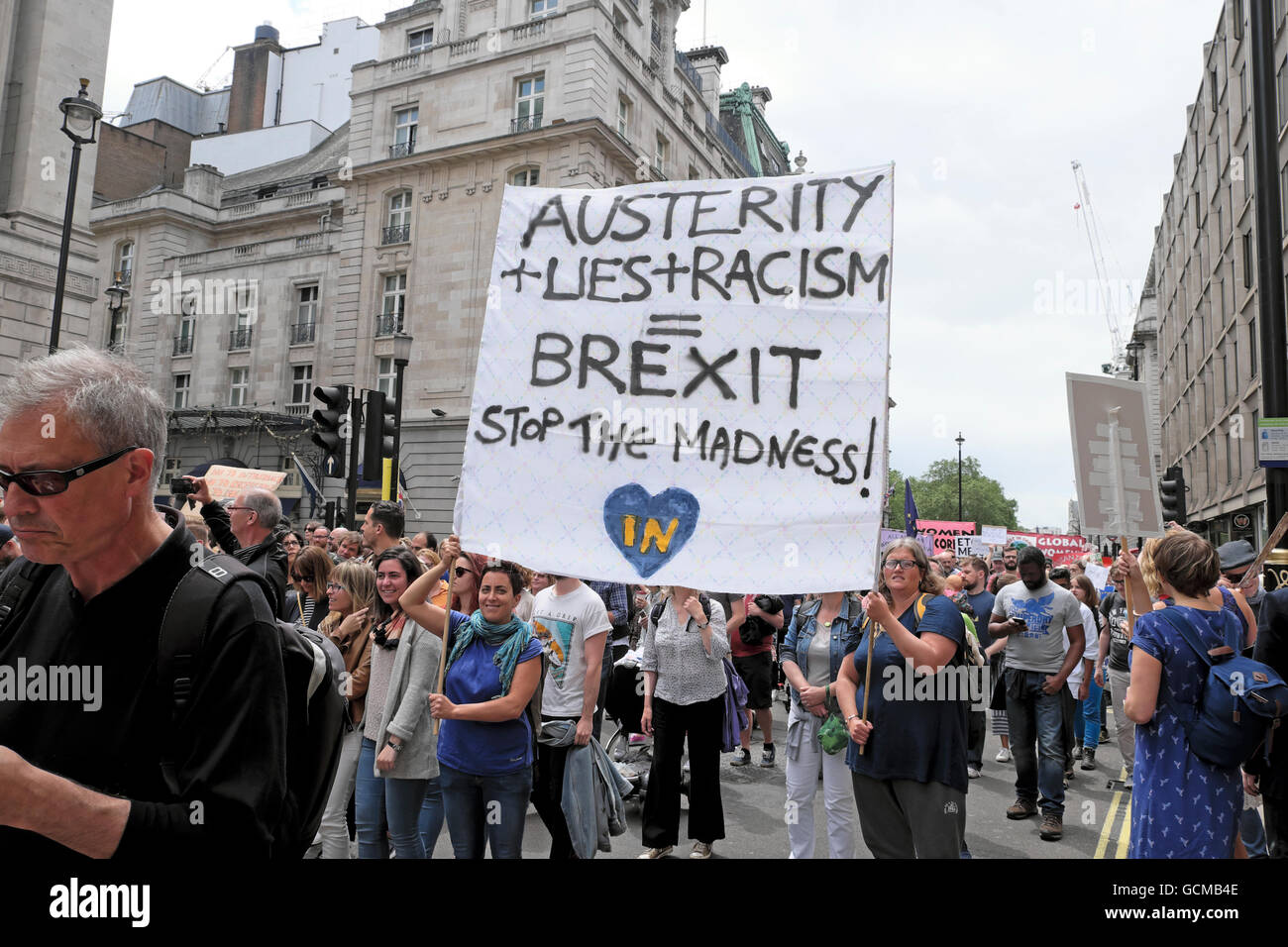 Placards and protesters at the Anti Brexit demo 'March for Europe' on 2nd July 2016  in London England  KATHY DEWITT Stock Photo