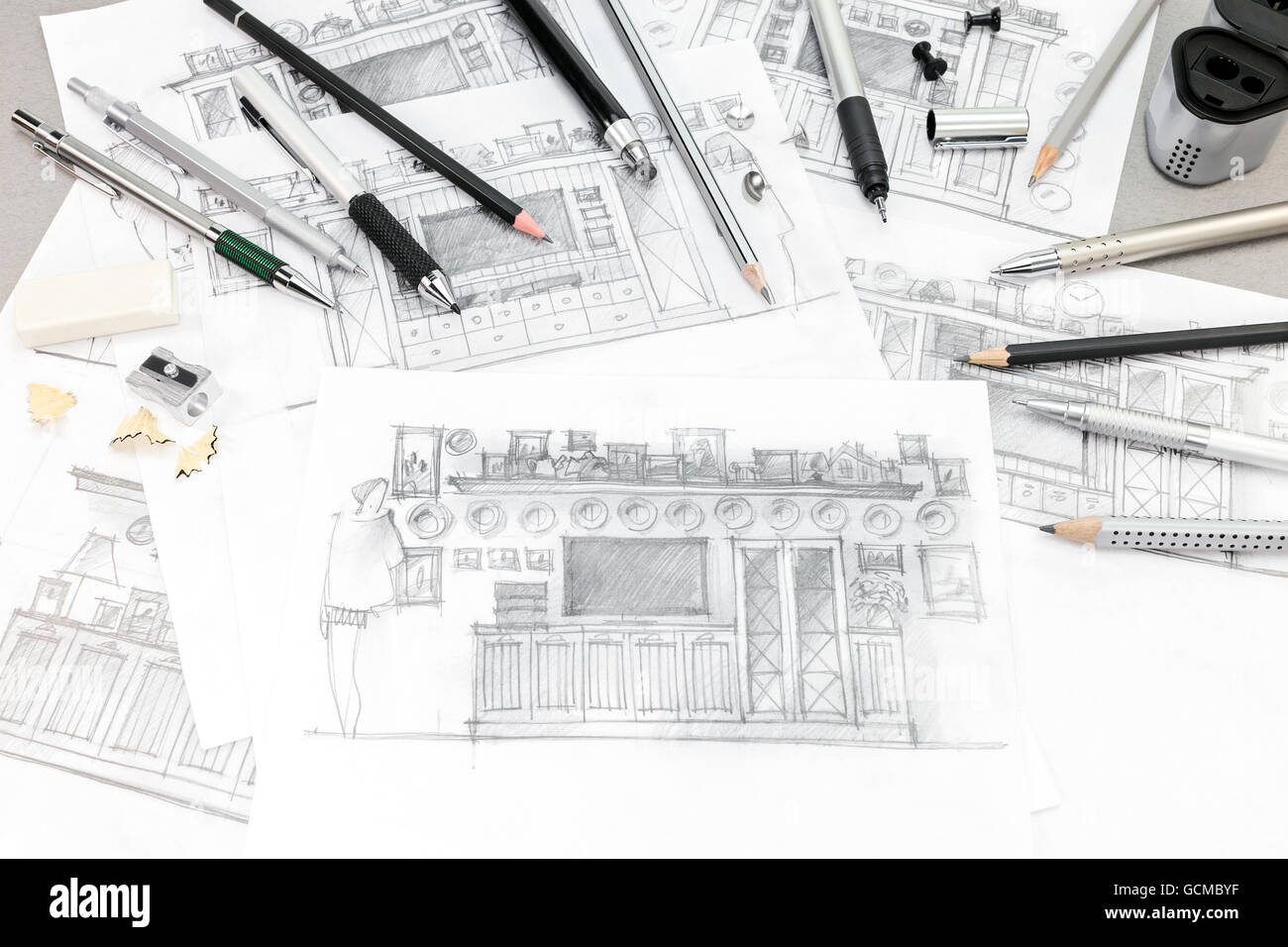 Concept Of Home Renovation With Interior Sketches And Drawing Tools Stock Photo Alamy
