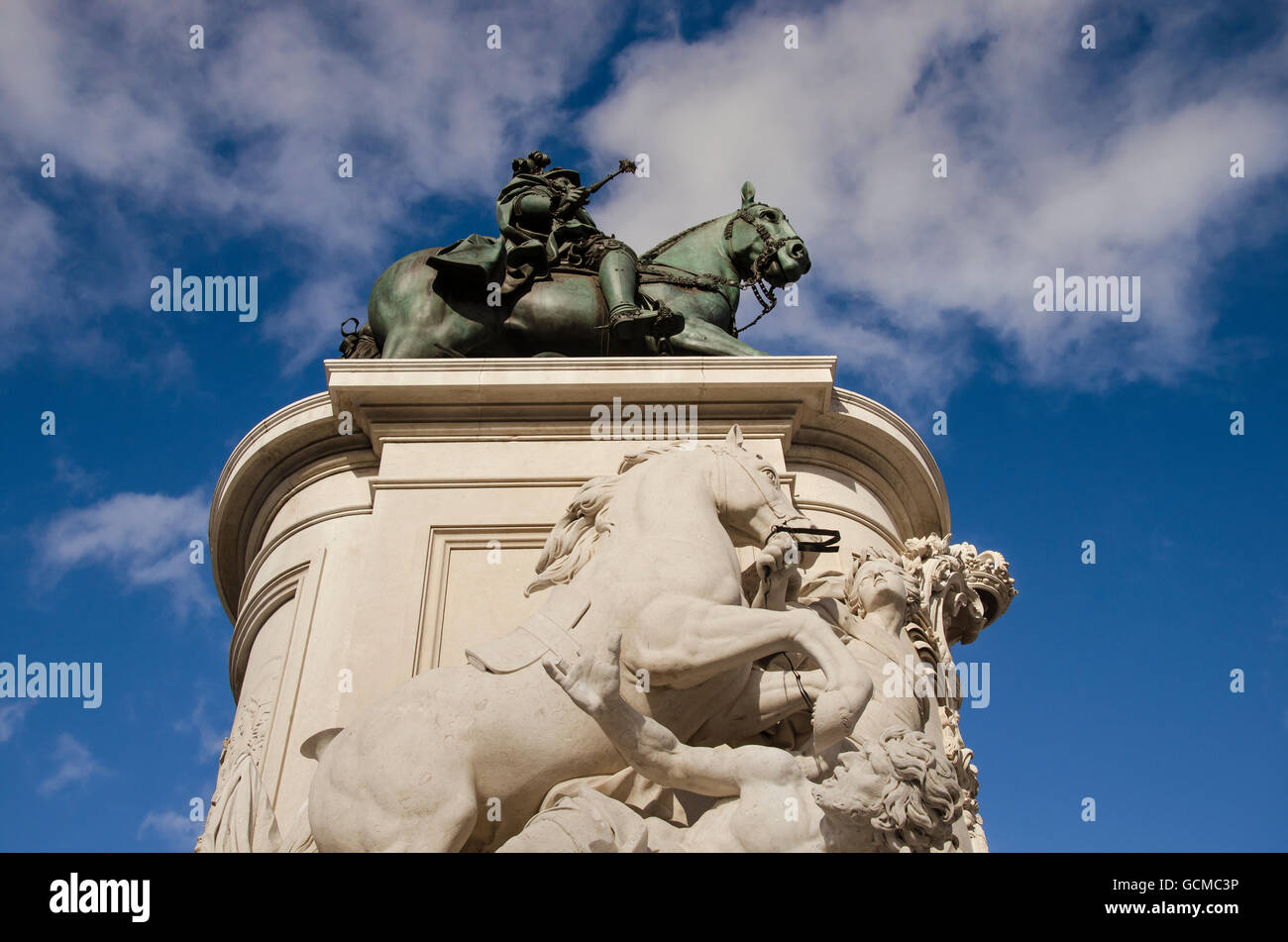 details of a marble statue with horse and human figures, black and white Stock Photo