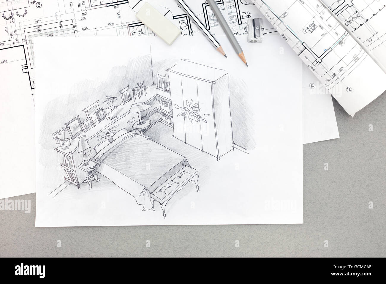Freehand pencil drawing bedroom interior hi-res stock photography and ...
