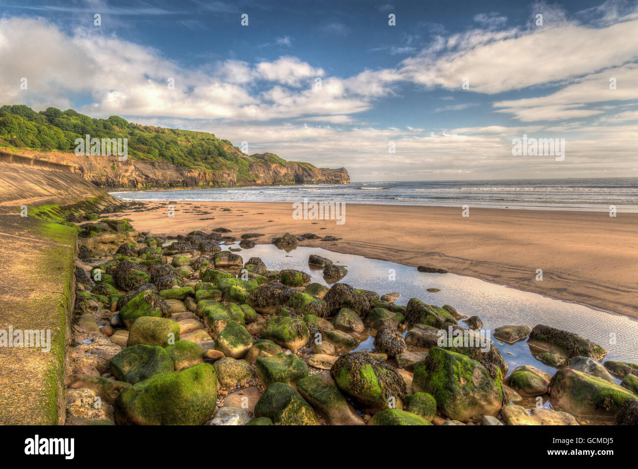 The beach at Sandsend, low tide. Stock Photo