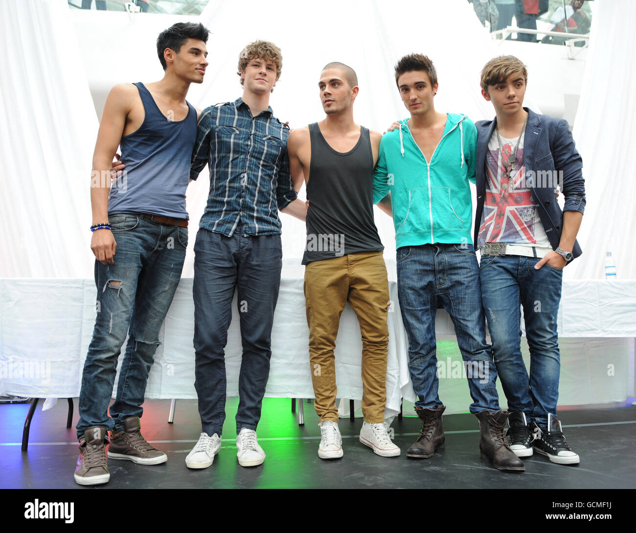 Members of The Wanted (from the left) Siva, Jay, Max, Tom and Nathan after performing at Westfield shopping centre, London. Stock Photo