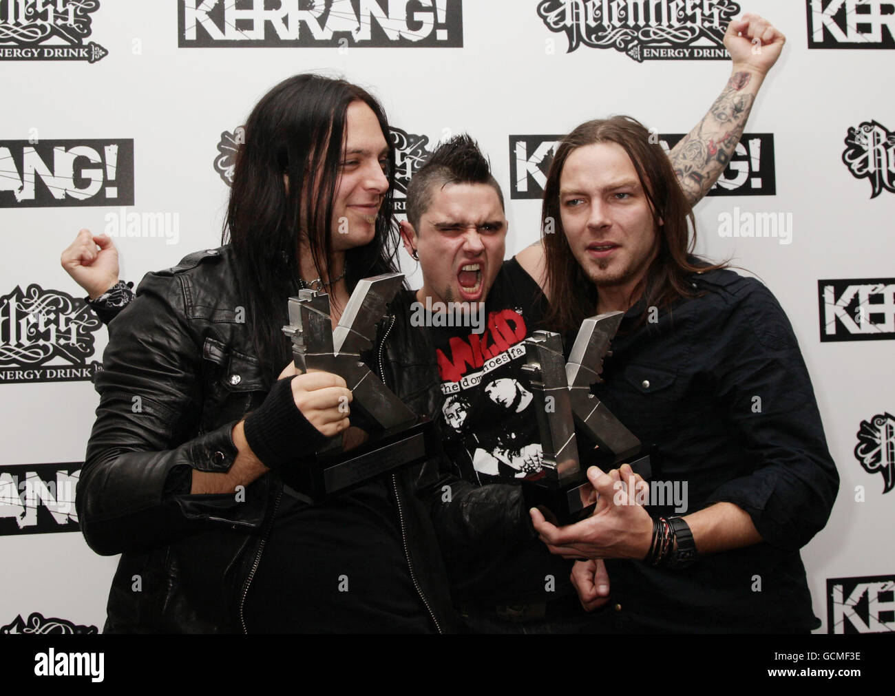 Bullet For My Valentine (left - right) Matthew Tuck, Jason James and Michael Paget with their Best British Band and Best Live Awards at The Relentless Energy Drink Kerrang! Awards at The Brewery, London. Stock Photo