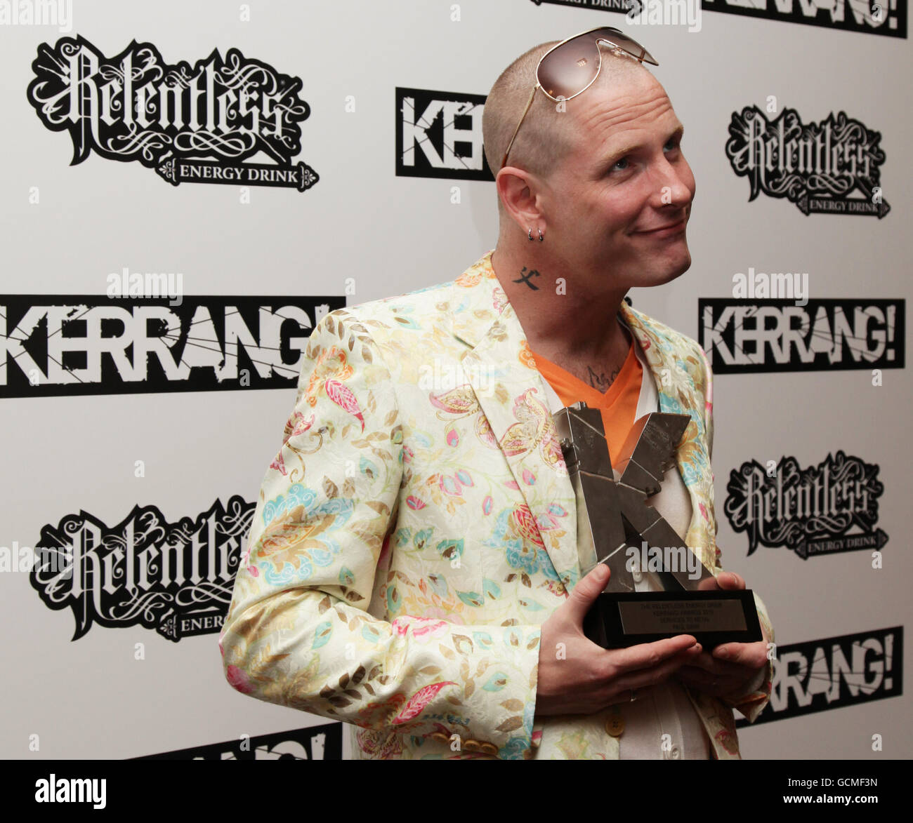 Corey Taylor of Slipknot with the Kerrang! Services to Metal Award at The Relentless Energy Drink Kerrang! Awards at The Brewery, London. PRESS ASSOCIATION Photo. Picture date: Thursday July 29, 2010. The band won the award for the Captain. Photo credit should read: Yui Mok/PA Wire Stock Photo