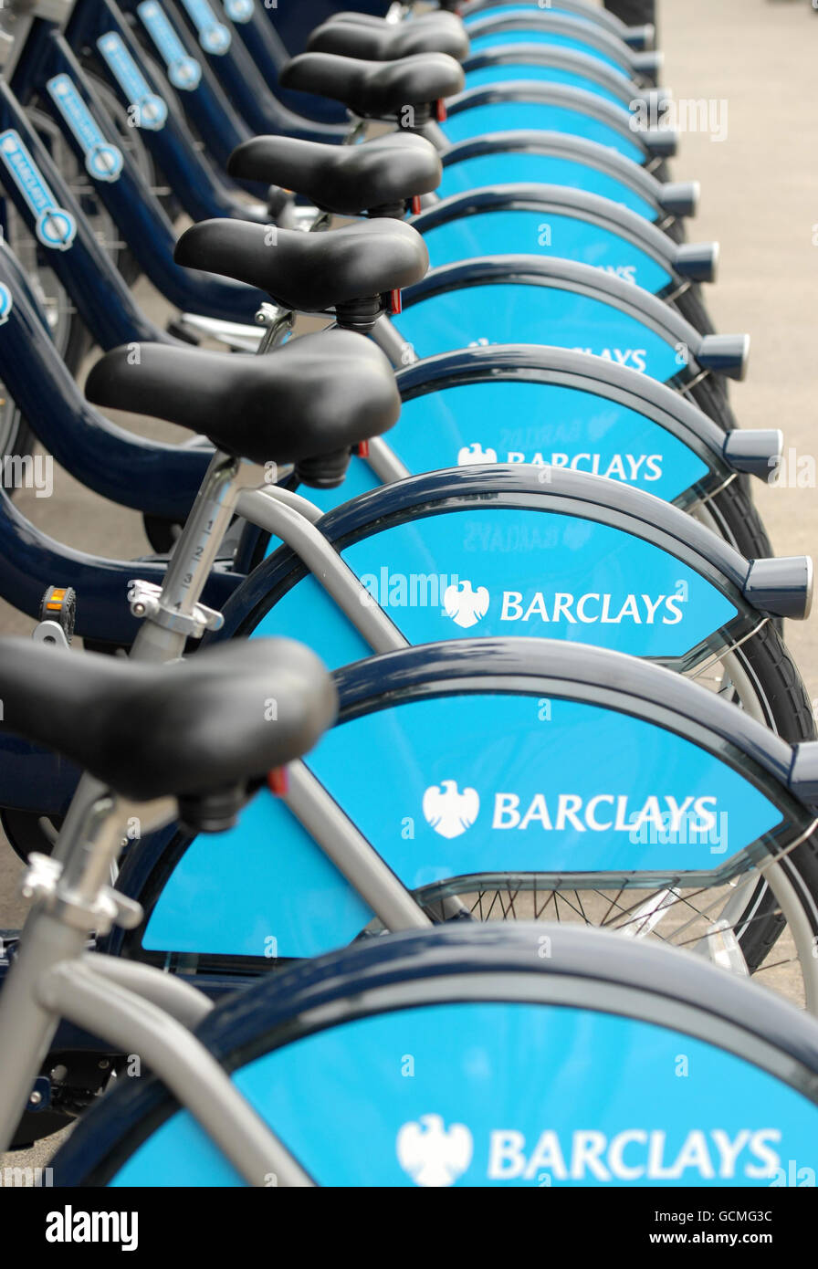 Rack of new bikes for the london cycle hire hires stock photography
