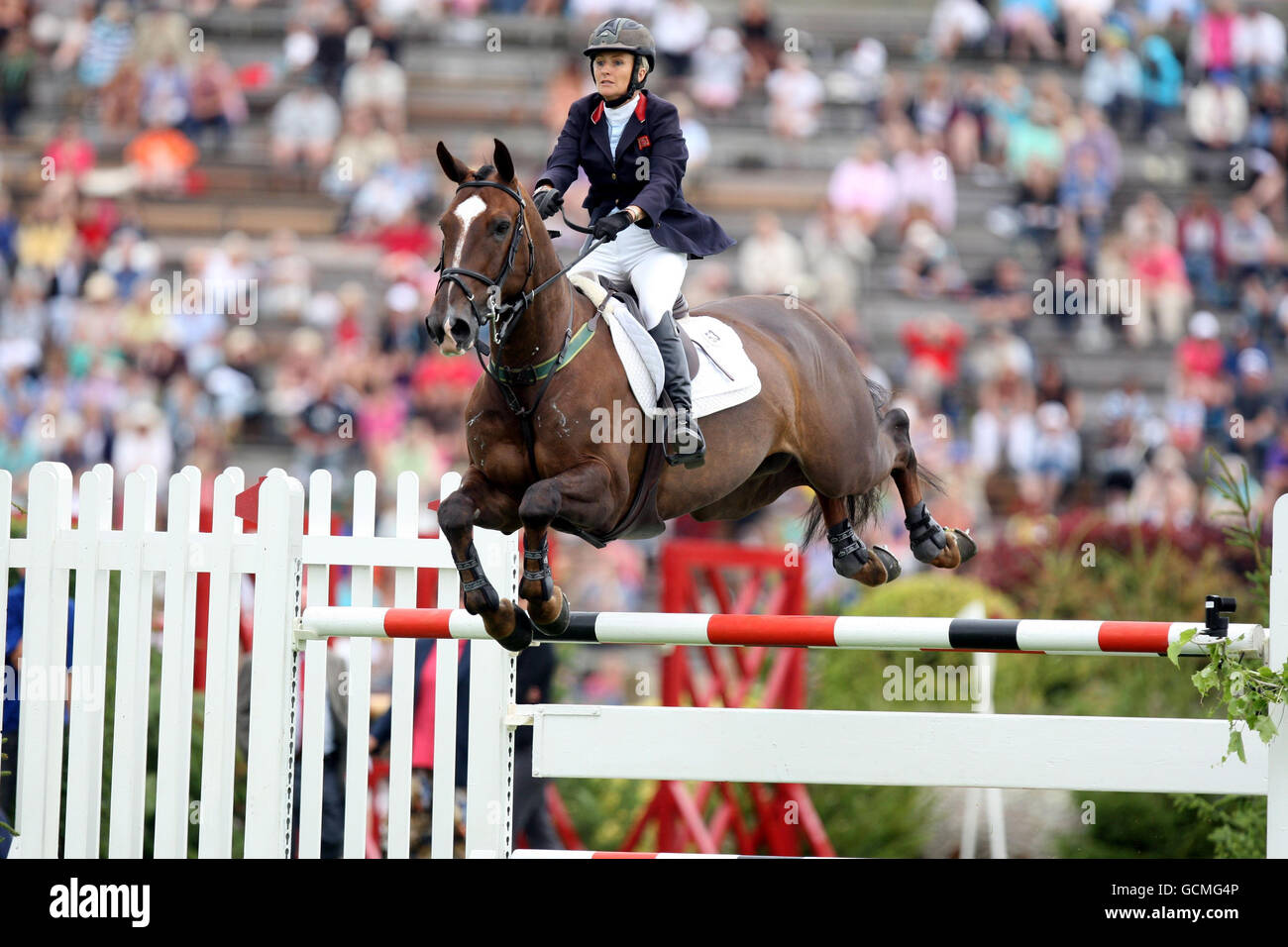 Great Britain's Tina Fletcher riding Hallo Salior in the Meydan FEI Nations Cup of Great Britain during day three of The Longines Royal International Horse Show at Hickstead, West Sussex. Stock Photo