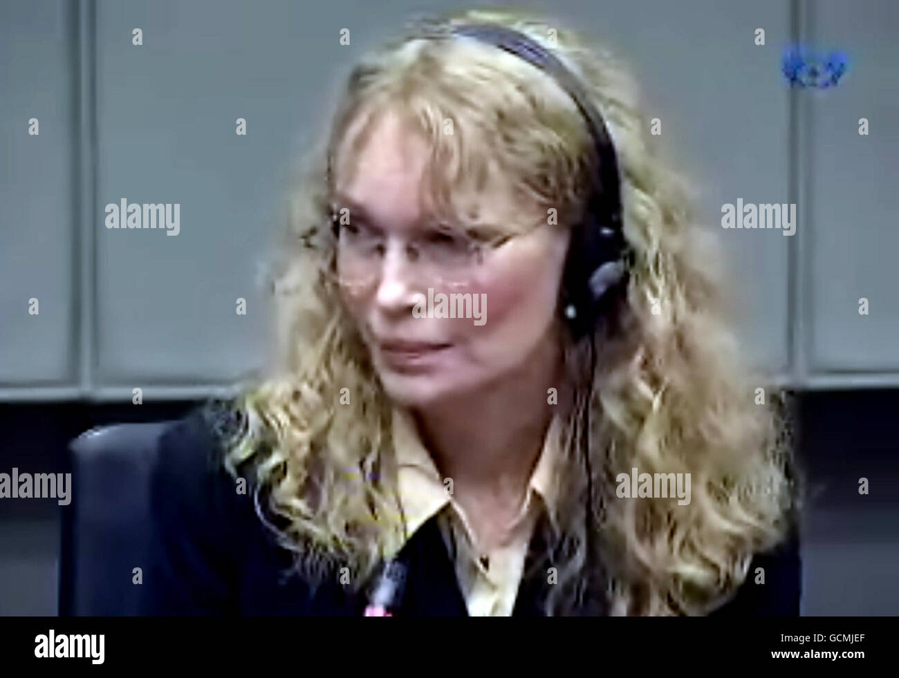 Video grab taken of actress Mia Farrow giving evidence to the war crimes trial of former Liberian leader Charles Taylor at the Special Court for Sierra Leone in The Hague. Stock Photo