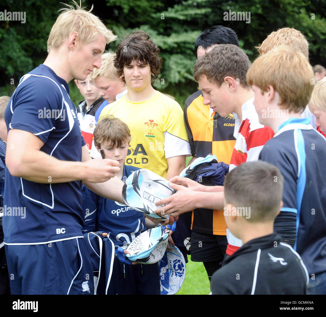 Ben Cairns signs autographs after the Scotland Rugby Camp at Moray Rugby Club, Elgin. Stock Photo