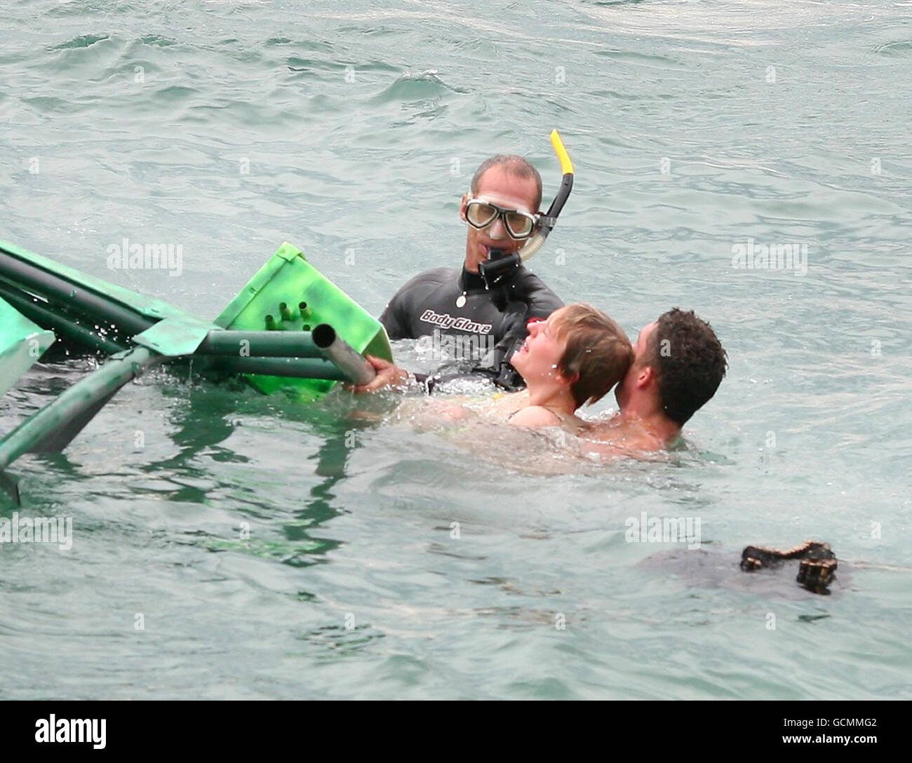 BBC Presenter Holly Walsh is hauled from the water after injuring herself during the Worthing International Birdman competition in Worthing, West Sussex. Stock Photo