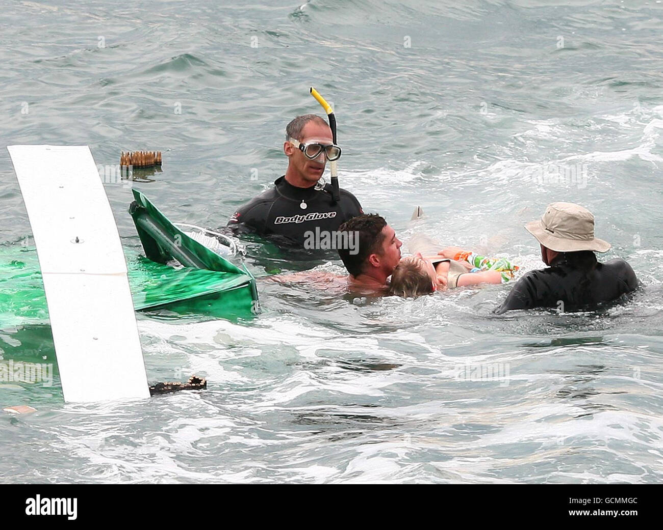 BBC Presenter Holly Walsh is hauled from the water after injuring herself during the Worthing International Birdman competition in Worthing, West Sussex. Stock Photo