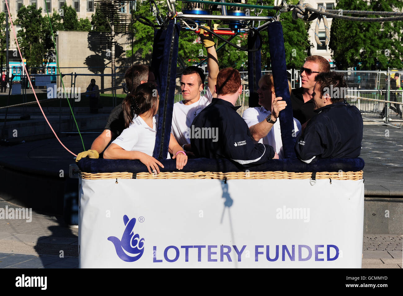 Olympics National Lottery Hot Air Balloon over Manchester Stock Photo