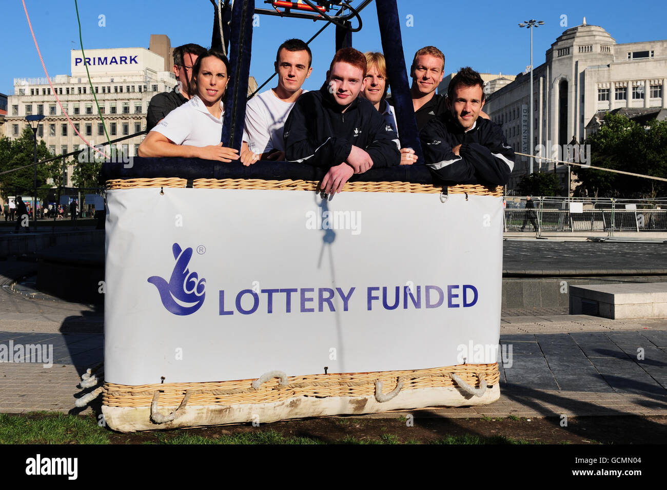 North West elite athletes get a head for heights in Manchester to celebrate The National Lottery's investment in London 2012 and its support for British athletes including (left-right) Beth Tweddle, Ian Jones, Daniel Purvis, Jody Cundy, Sir Chris Hoy and Ross Edgar. Stock Photo