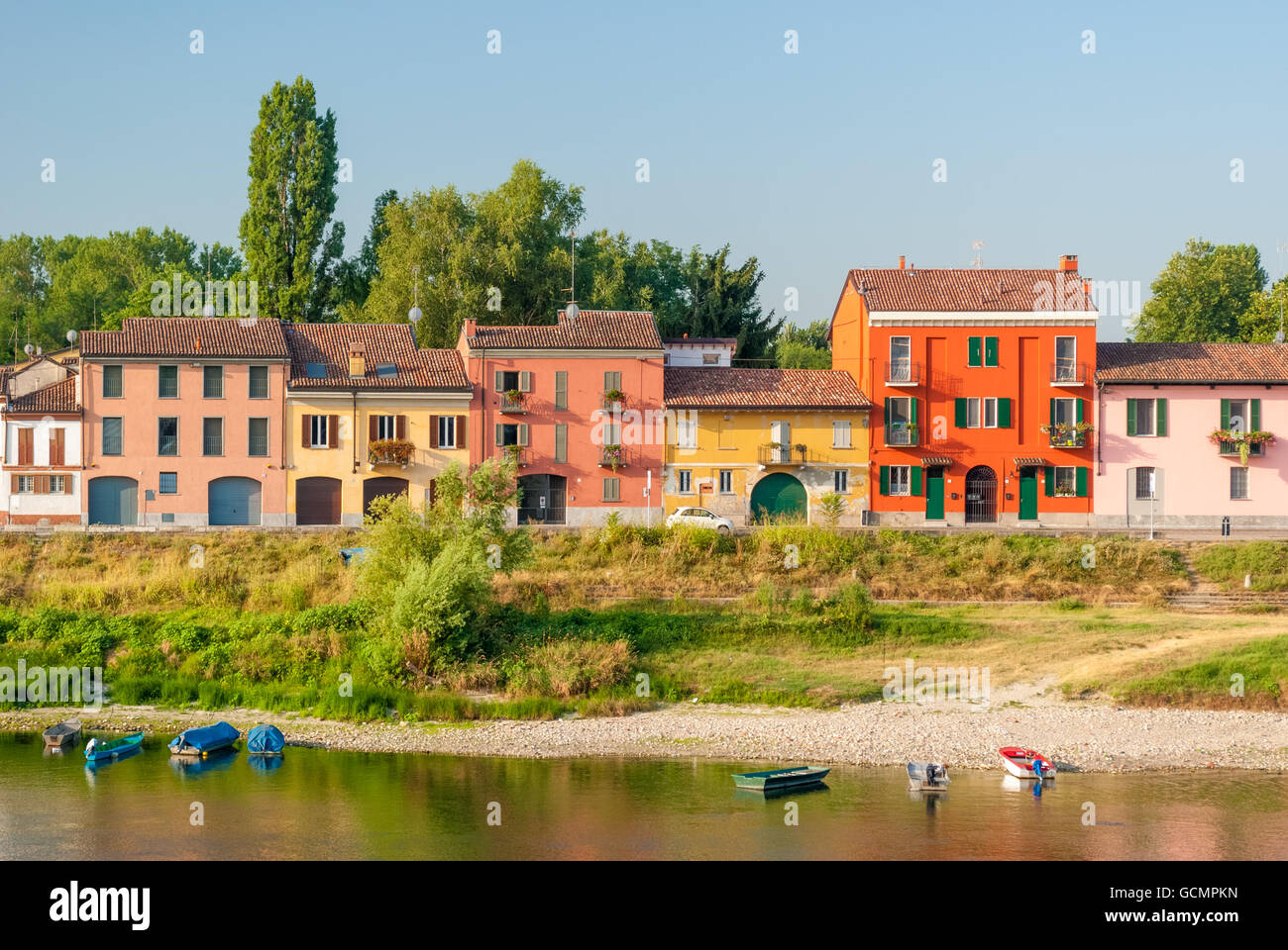 Colored houses along the south bank of river Ticino in Pavia Stock Photo