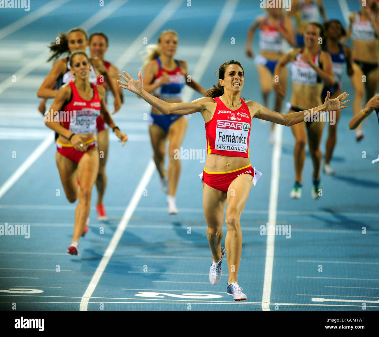 Athletics - IAAF European Championships 2010 - Day Six - Olympic Stadium. Spain's Nuria Fernandez celebrates winning Gold in the Women's 1500m Final Stock Photo