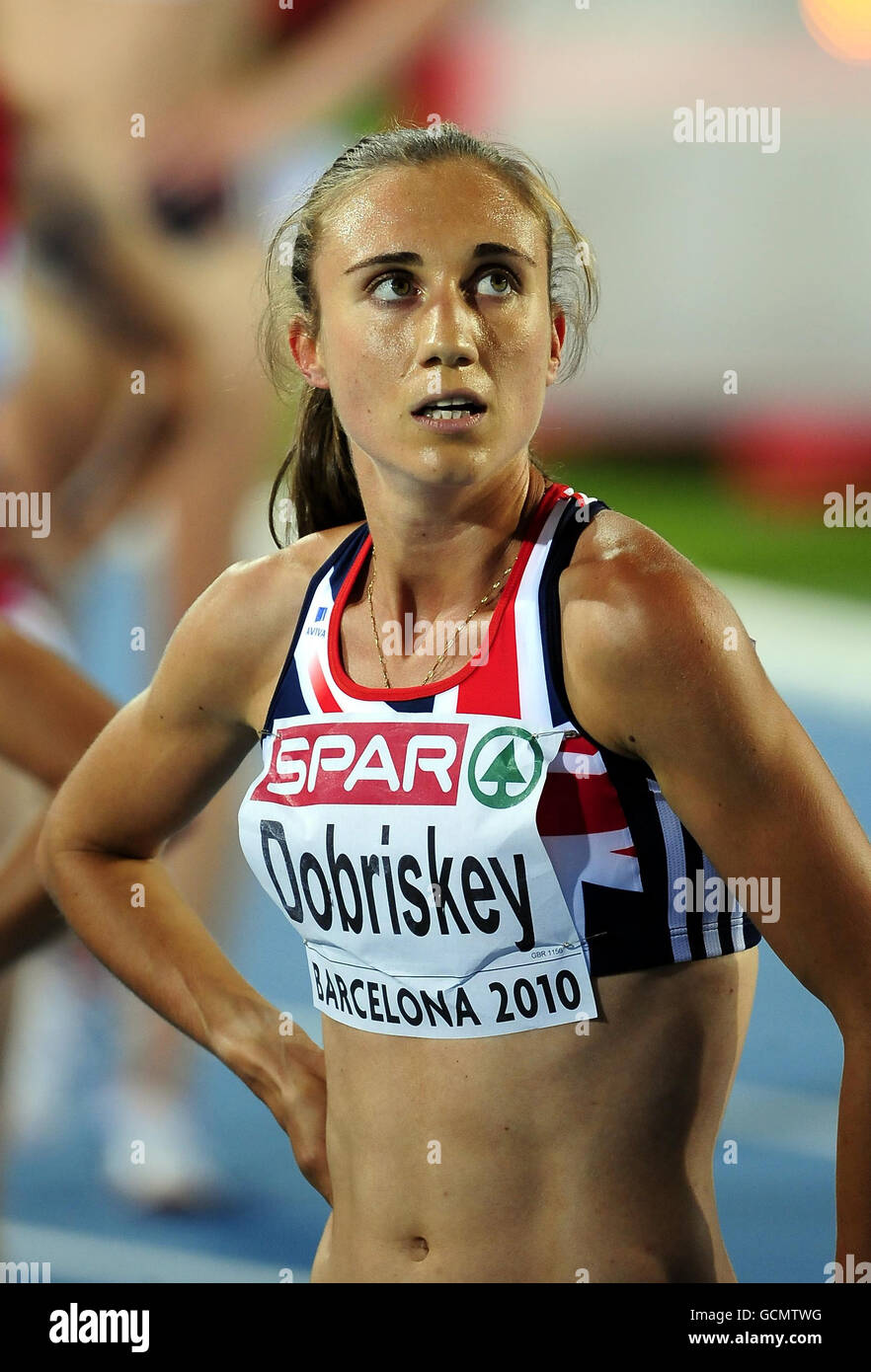 Great Britain's Lisa Dobriskey reacts after finishing out of the medals in the 1500m Final during day six of the European Championships at the Olympic Stadium in Barcelona, Spain. Stock Photo