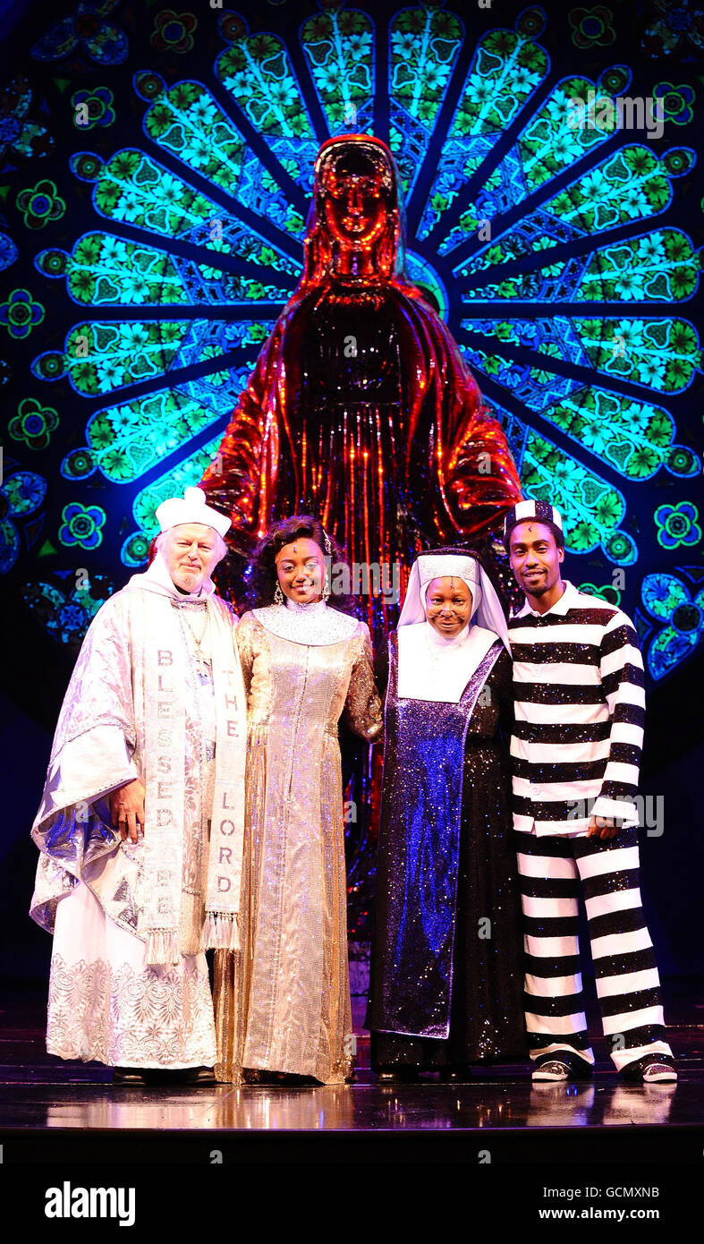 Ian Lavender, as Monsignor Howard, Patina Miller, as Deloris, Whoopi Goldberg who takes over the role of Mother Superior and Simon Webb, as Shank in Sister Act the Musical, at the London Palladium. Stock Photo