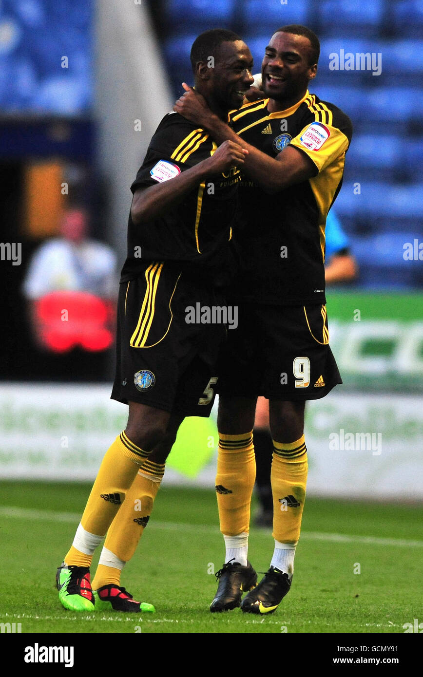 Macclesfield Town's Nat Brown (left) celebrates scoring his sides first goal of the game with Emile Sinclair during the Carling Cup first round match at the Walkers Stadium, Leicester. Stock Photo