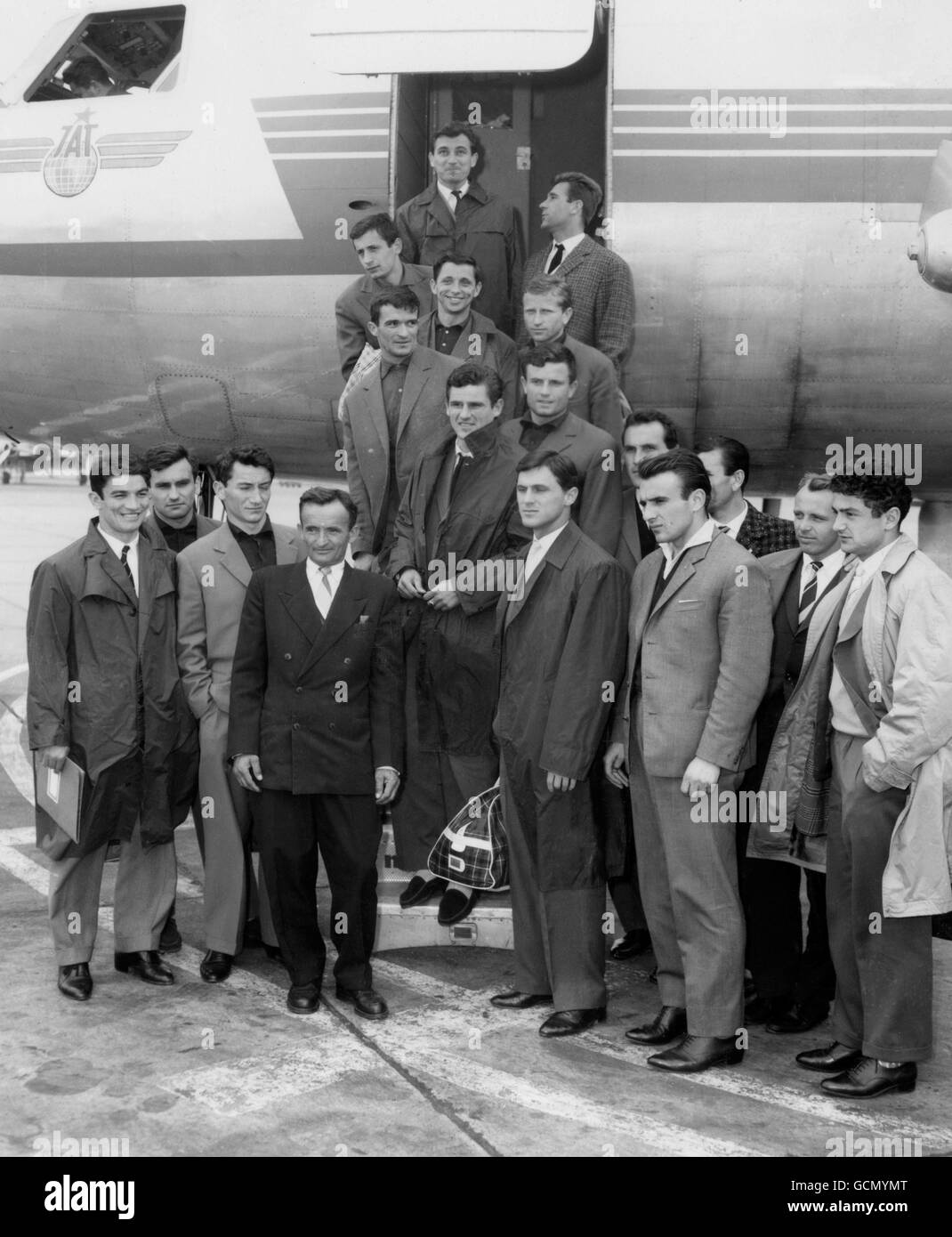 The Yugoslavian football team at London Airport on their arrival for the international friendly against England at Wembley Stadium. Including Dragoslav Sekularac (far left). Stock Photo