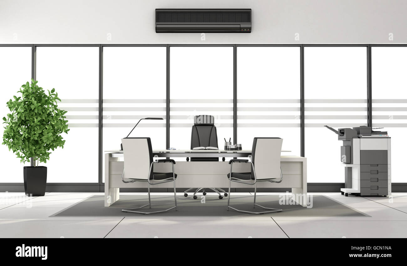 Black and white modern office with desk ,photocopier and large windows 3d rendering Stock