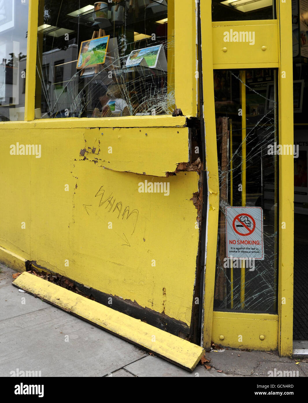 A close up of the damage caused to the Snappy Snaps store in Hampstead