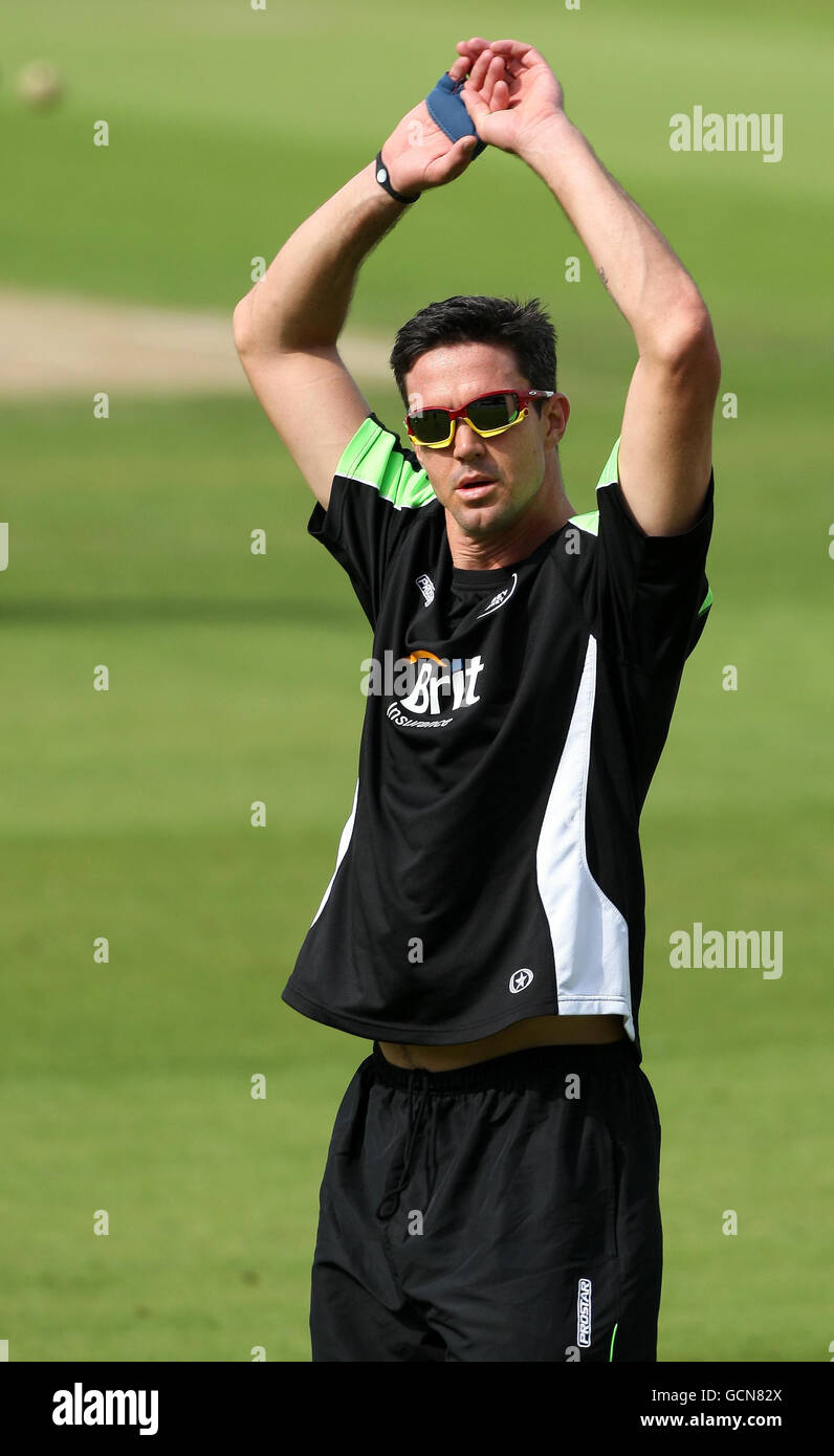 Surrey's Kevin Pietersen warms up ahead of his debut for Surrey Lions' prior to the Clydesdale Bank 40 match at the The Brit Insurance Oval, London. Stock Photo
