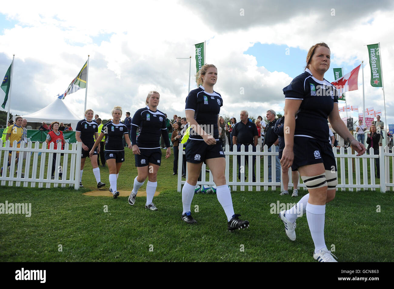 Rugby Union - Women's World Cup - Pool C - Scotland v Sweden - Surrey Sports Park. Scotland's Louise Moffat (r) walks out for the game against Sweden Stock Photo