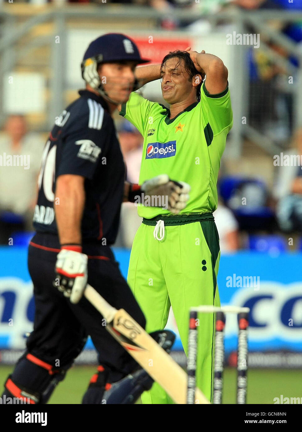 Frustration for Pakistan's Shoaib Akhtar as England head for victory dduring the First International Twenty20 at the SWALEC Stadium, Cardiff. Stock Photo